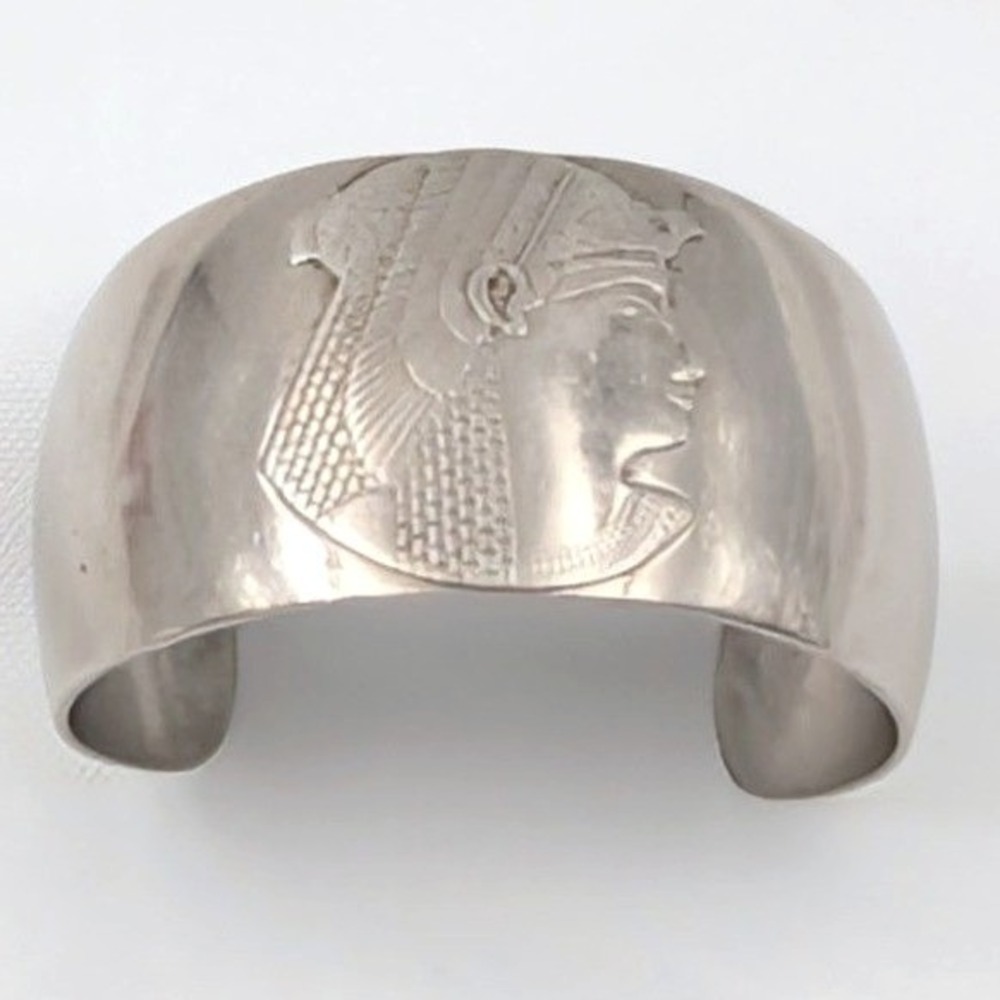 Vintage Egyptian Revival Cleopatra Cuff Bracelet Silver Tone Wide Queen Pharaoh